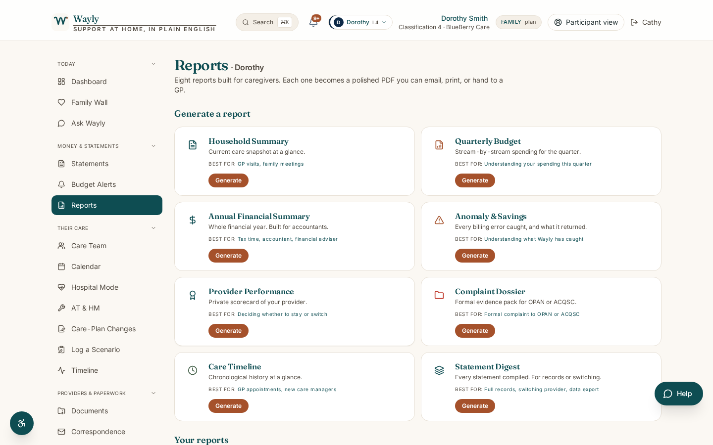 Reports hub showing eight auto-generated PDFs and a Provider Performance grade