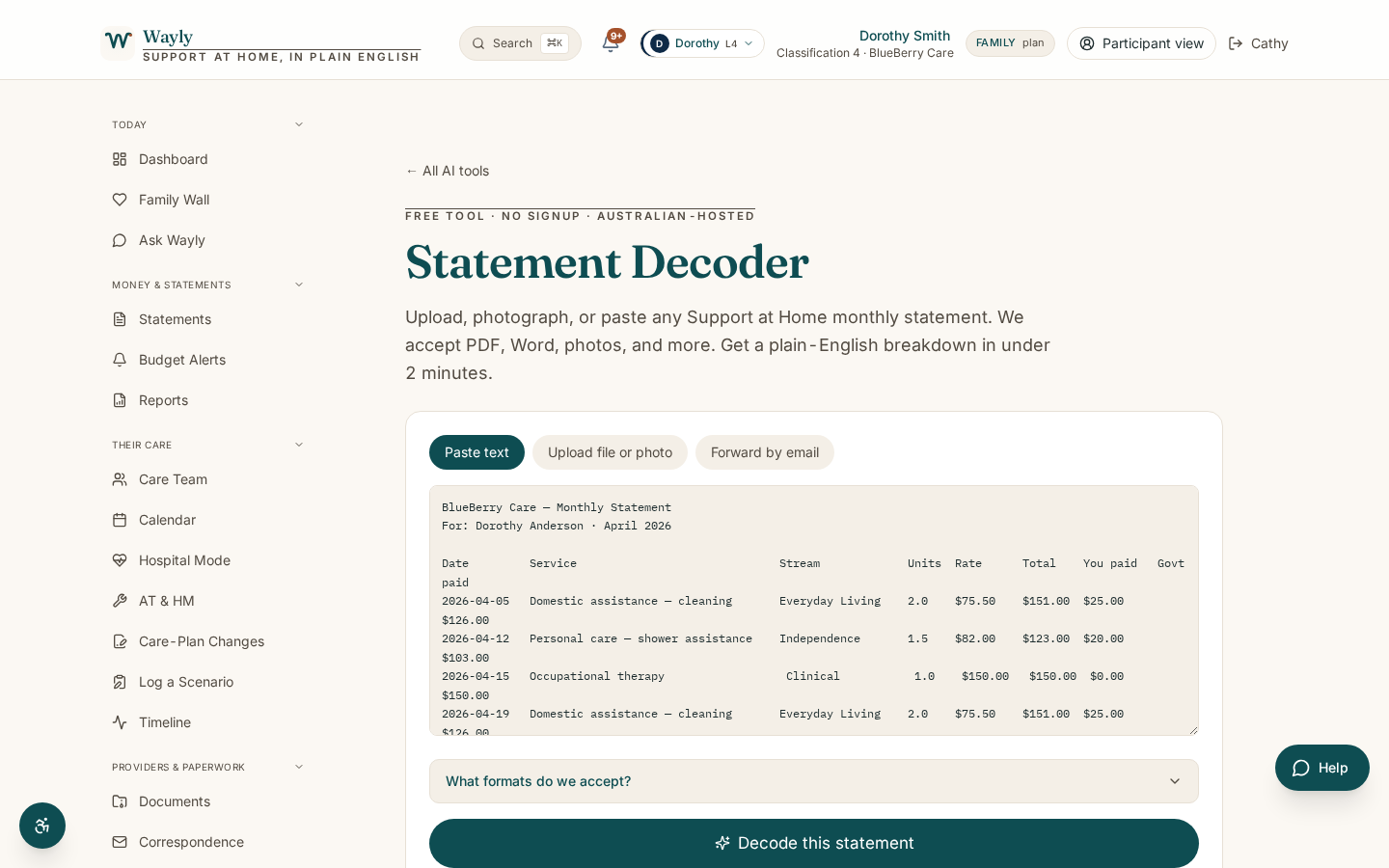 Statement decoder result with stream breakdown, anomaly flags, and contribution amount